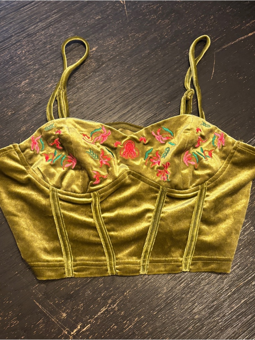 SHEIN Olive Green Velvet Embroidered Bustier Crop Top